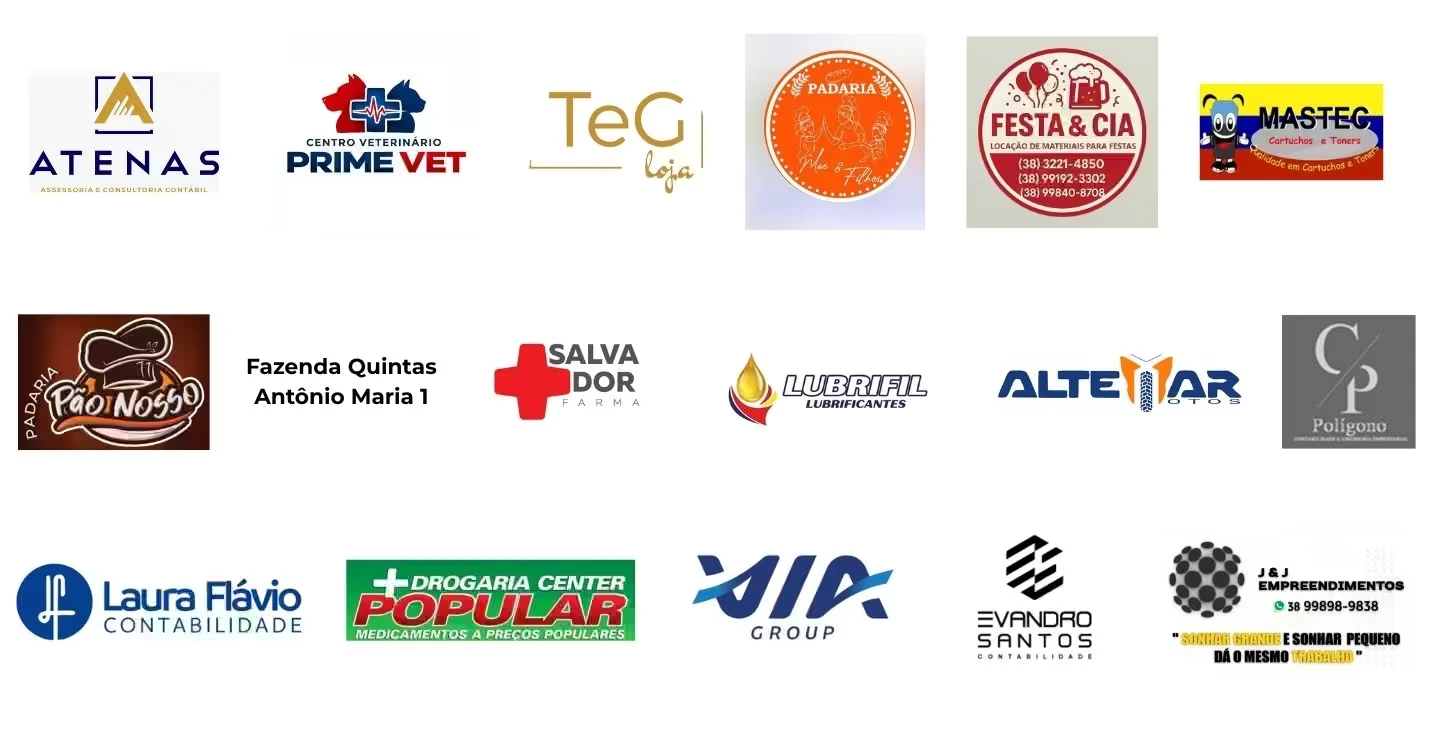 Logos de clientes: Atenas, Prime Vet, TeG Loja, Padaria Mãe & Filhos, Festa & Cia, Mastec, Padaria Pão Nosso, Fazenda Quintas Antônio Maria 1, Salvador Farma, Lubrifil, Altemar Motos, Polígono, Laura Flávio Contabilidade, Drogaria Center Popular, Via Group, Evandro Santos Contabilidade, J&J Empreendimentos