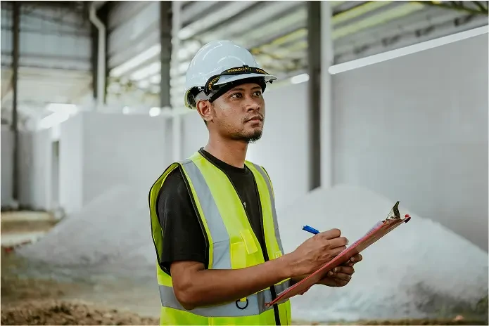 Técnico de segurança do trabalho fazendo inspeção com prancheta